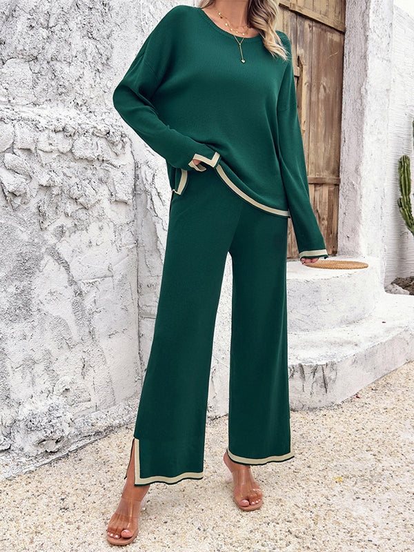 Contrast Color Long Sleeves Split-Joint Split-Side Round-Neck High-Low Sweater Tops +  Pants Bottom Two Pieces Set