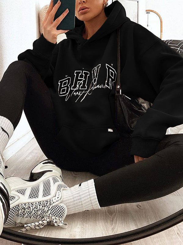 Keep Warm Letter Print Velvet Long Sleeves Loose Hooded Hoodies Tops
