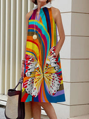 Butterfly Print Contrast Color Pockets A-line Loose Lapel Midi Dresses
