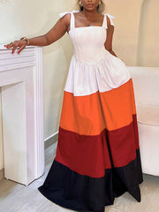 Contrast Color Pleated Pockets Tied Zipper A-Line High Waisted Spaghetti-Neck Maxi Dresses