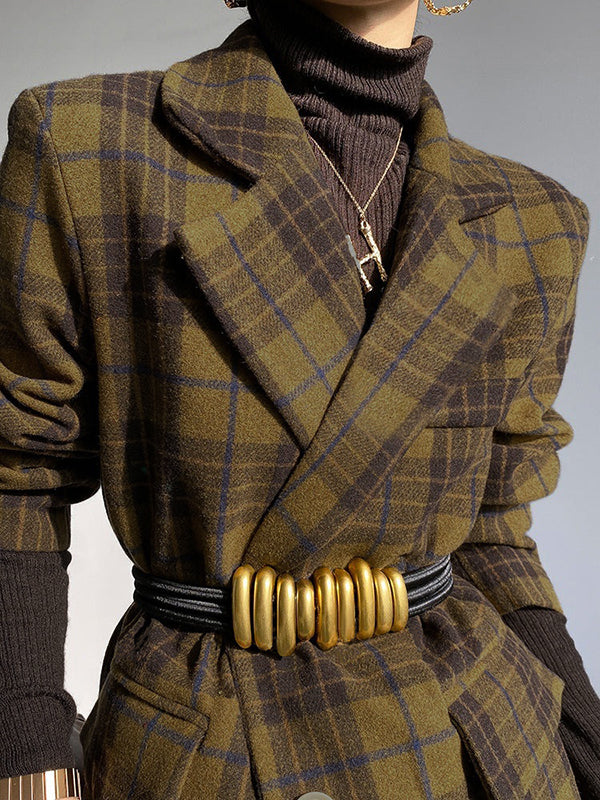 Plaid Split-Joint Lapel Woolen Coat Jackets