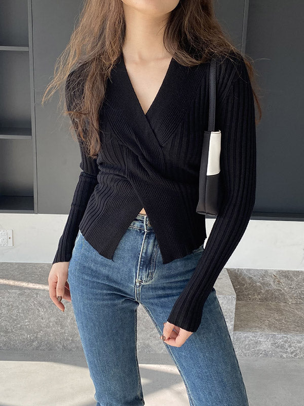 Knot Solid Color Long Sleeves Loose V-Neck Sweater Tops Pullovers