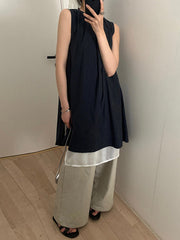 Pleated Solid Color Split-Joint Loose Sleeveless Round-Neck Mini Dresses