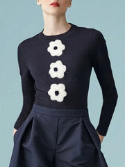 Flower Print Long Sleeves Skinny Round-Neck T-Shirts Tops