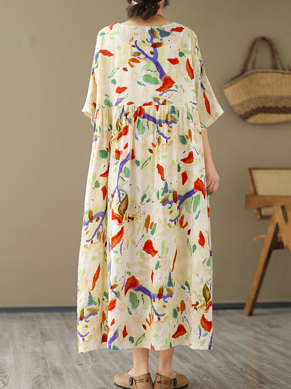 Printed Oversize Puff Sleeves Round-Neck Midi Dresses