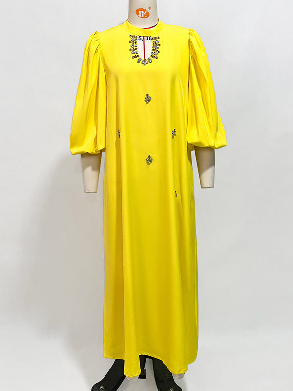 Hollow Rhine Stones Solid Color Bishop Sleeve Loose Mock Neck Maxi Dresses