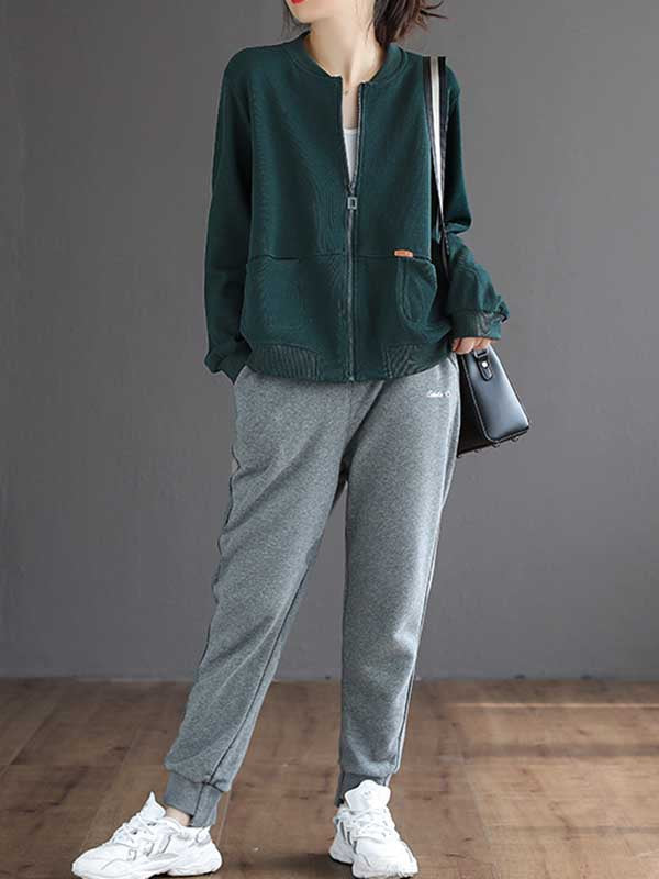 Simple Long Sleeves Loose Solid Color Zipper Stand Collar Outerwear