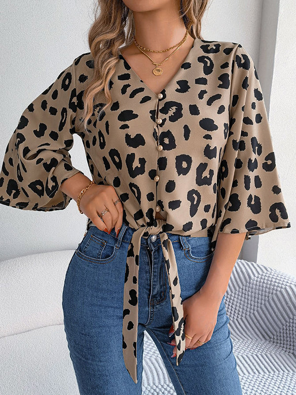 Buttoned Leopard Tied Flared Sleeves Half Sleeves V-Neck Blouses&Shirts Tops