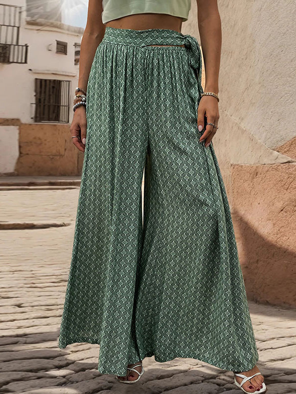 Printed Tied Waist Loose Wide Leg Pants