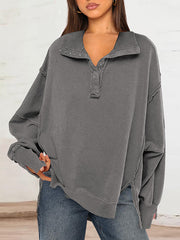 Buttoned Solid Color Split-Front Long Sleeves Loose Lapel Sweatshirt Tops