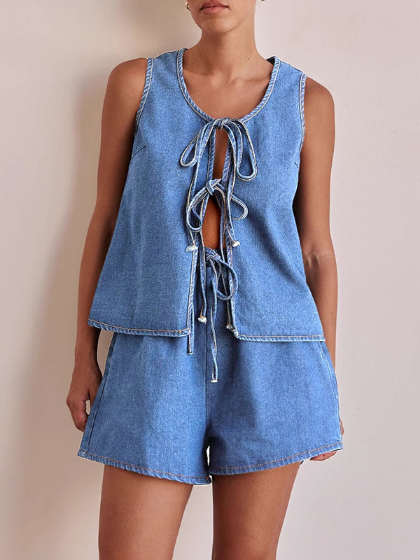 Lace-Up Split-Joint Loose Sleeveless Round-neck Vest Top