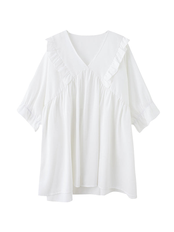 Ruffled Solid Color Loose Ruffle Sleeves Peter Pan Collar Blouses&Shirts Tops