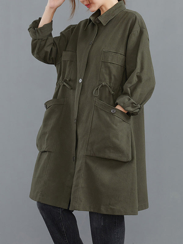 Casual Loose Solid Color Buttoned Lapel Collar Long Sleeves Trench Coat