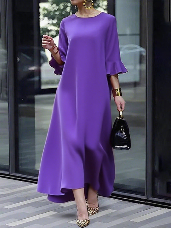 Solid Color Zipper A-Line Flared Sleeves Round-Neck Maxi Dresses