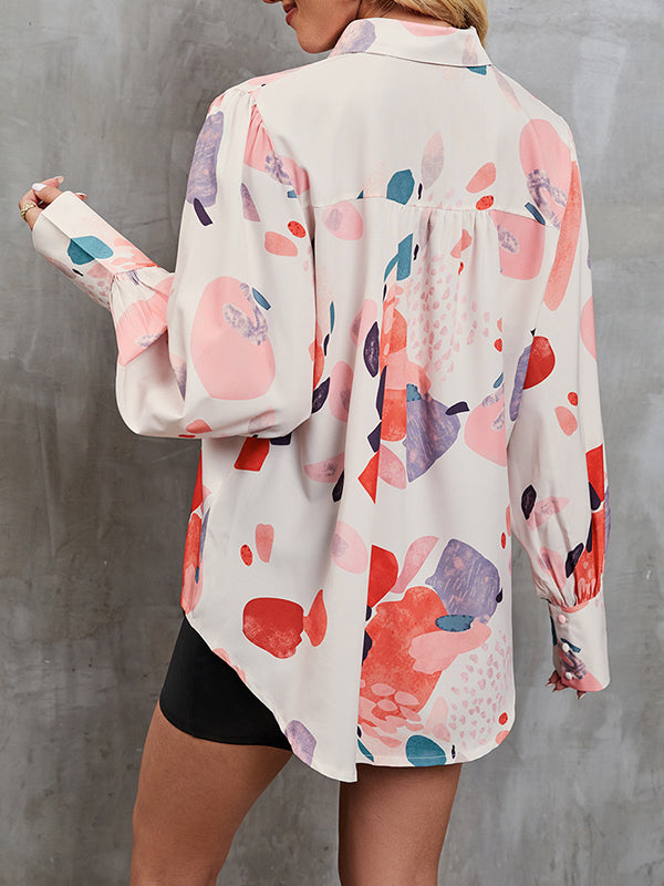 Buttoned Printed Split-Joint Long Sleeves Loose Lapel Blouses&Shirts Tops