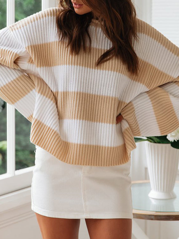 Contrast Color Striped Long Sleeves Loose Round-Neck Sweater Tops Pullovers