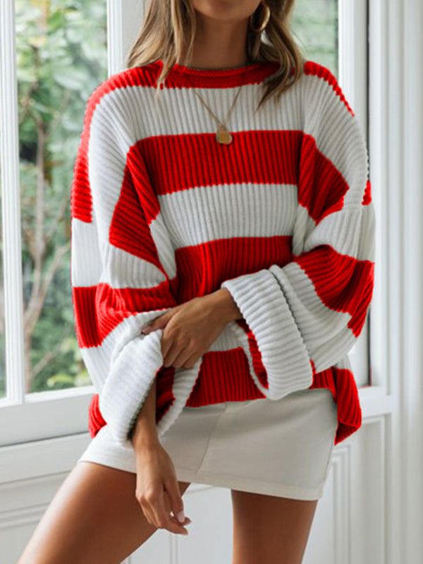 Contrast Color Striped Long Sleeves Loose Round-Neck Sweater Tops Pullovers