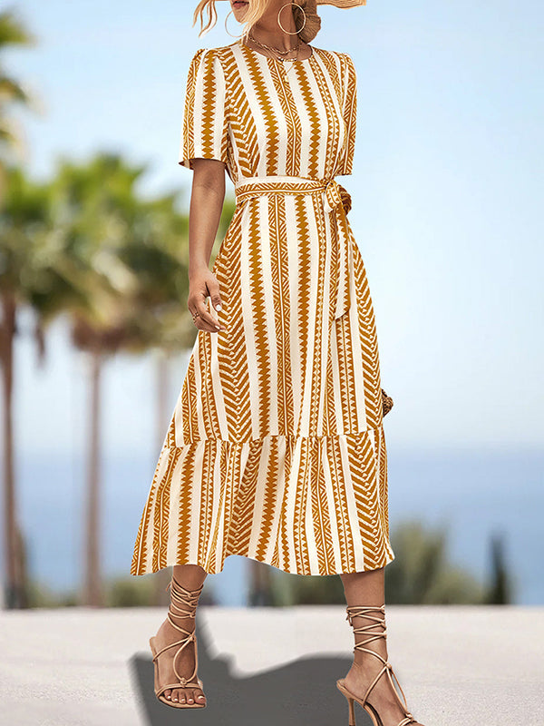 Split-Joint Striped Tied Waist A-Line Loose Round-Neck Midi Dresses