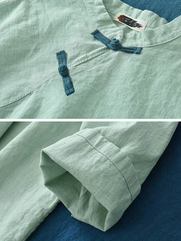 Vintage Linen Frog Loose Long Sleeve Shirt Tops