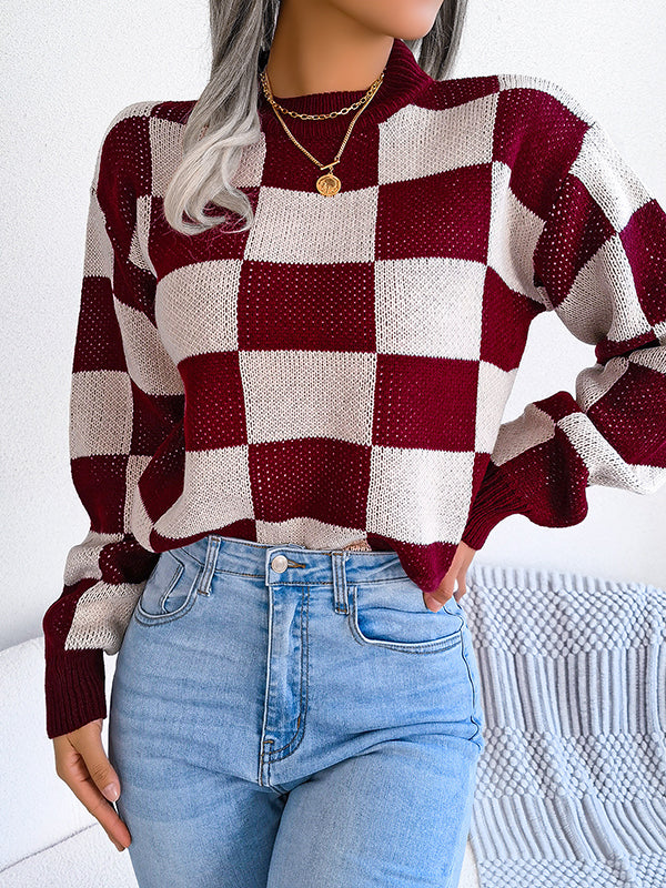 Contrast Color Plaid Long Sleeves Loose Round-Neck Sweater Tops
