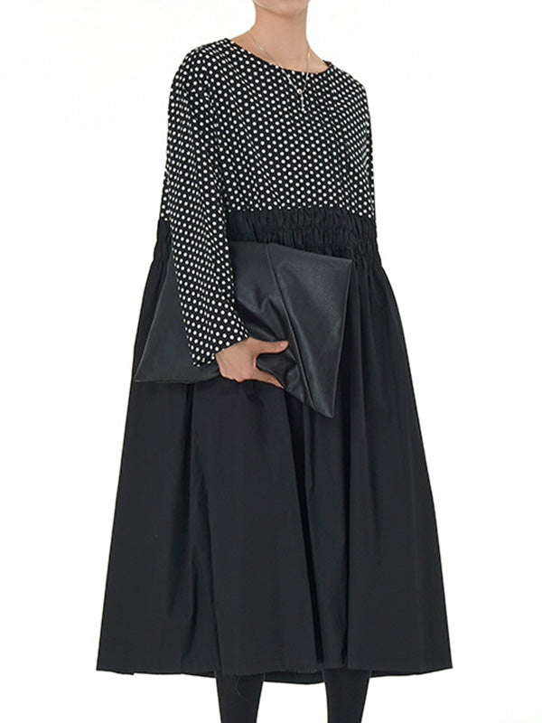 Contrast Color Elasticity Pleated Polka-Dot Split-Joint Long Sleeves Loose Round-Neck Midi Dresses