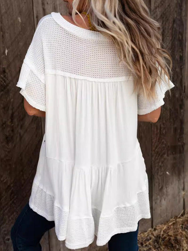 Buttoned Split-Joint Batwing Sleeves High-Low V-Neck T-Shirts Tops