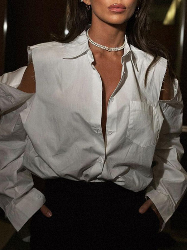 Buttoned Fringed Hollow Pockets Solid Color Split-Joint Long Sleeves Loose Lapel Blouses&Shirts Tops