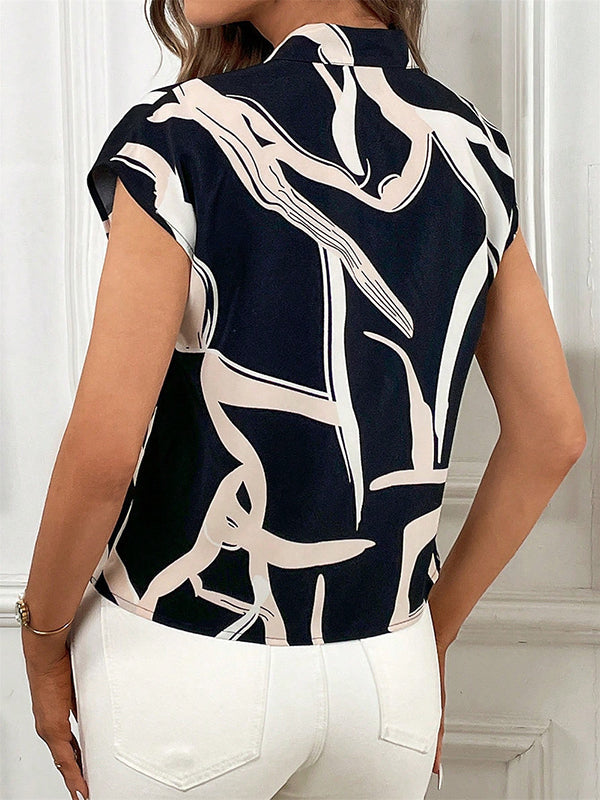 Printed Tied Batwing Sleeves Loose V-Neck Blouses&Shirts Tops