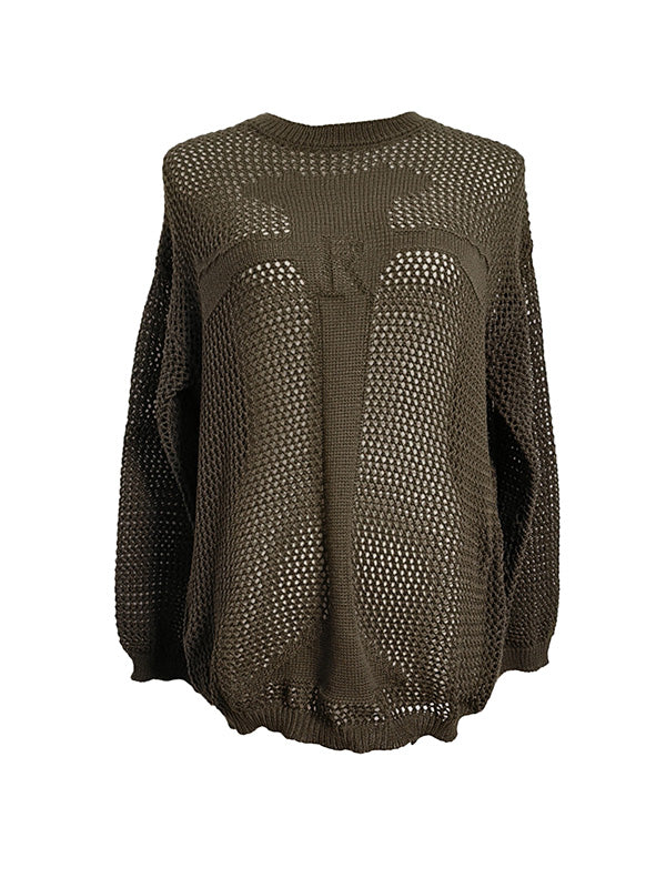 Hollow Solid Color Long Sleeves Loose Round-Neck Sweater Tops Pullovers Knitwear