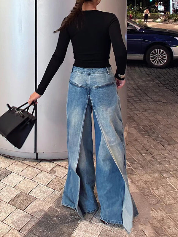 Pockets Reversible False Two Wide Leg Jean Pants Bottoms