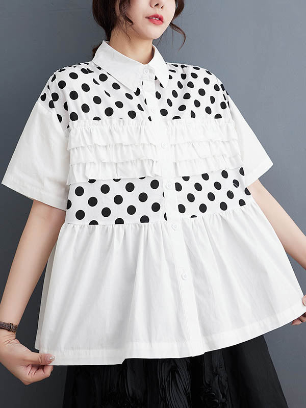 Contrast Color Pleated Polka-Dot Split-Joint Loose Short Sleeves Lapel Blouses