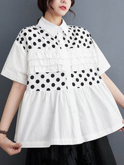 Contrast Color Pleated Polka-Dot Split-Joint Loose Short Sleeves Lapel Blouses