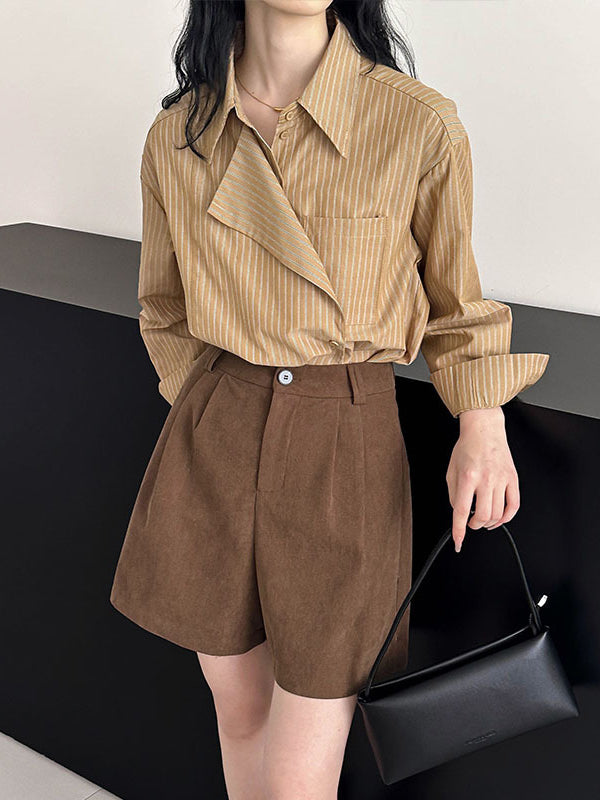 Asymmetric Split-Joint Striped Long Sleeves Loose Lapel Blouses