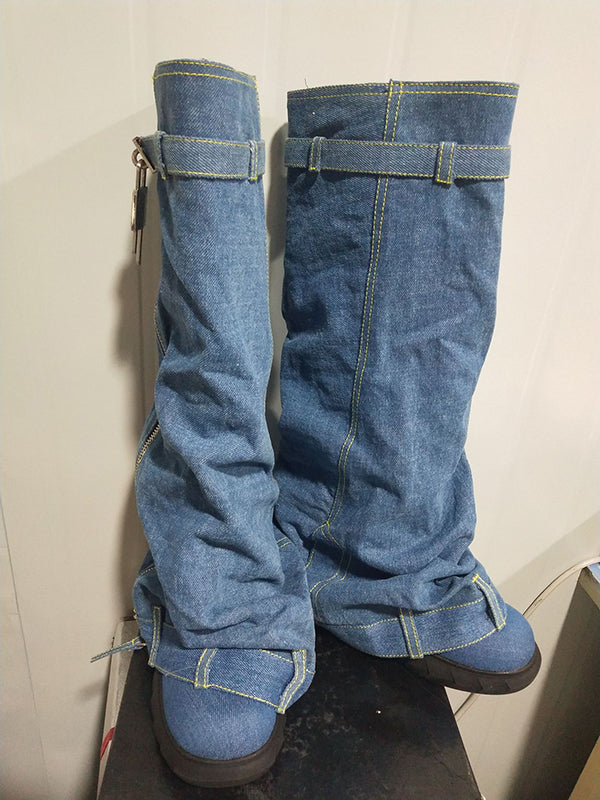 Buckle Round-Toe Zipper Boots