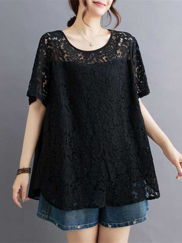 Hollow Solid Color Split-Back Split-Joint Loose Plus Size Round-Neck T-Shirts Tops
