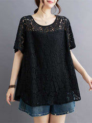 Hollow Solid Color Split-Back Split-Joint Loose Plus Size Round-Neck T-Shirts Tops