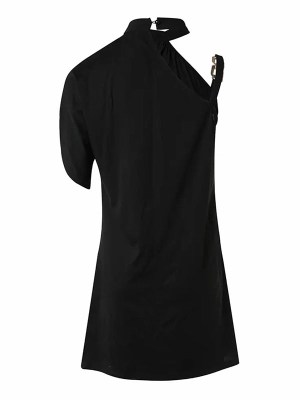 Solid Color Loose Sleeveless Stand Collar Mini Dresses