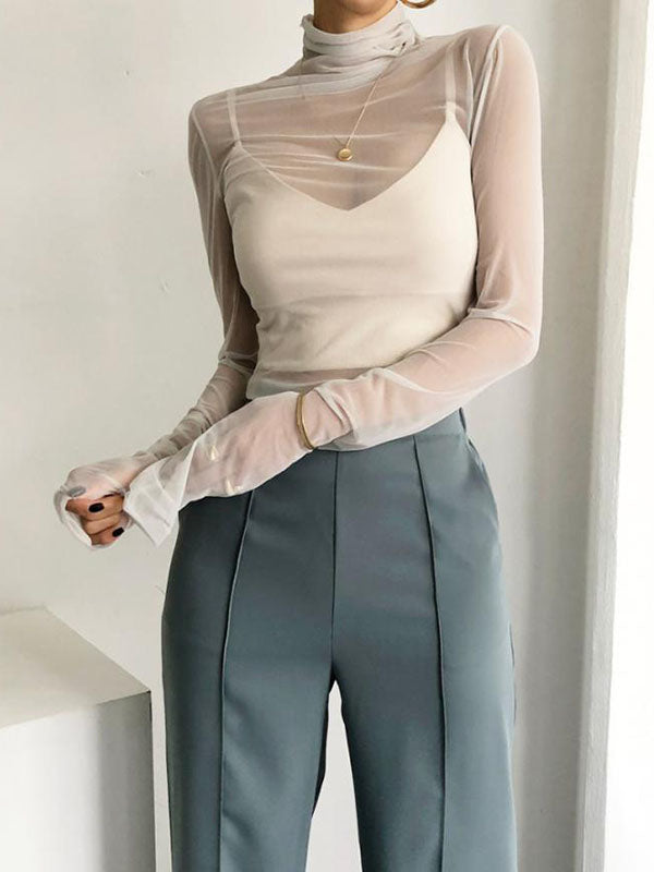 Gauze See-Through Solid Color Long Sleeves Skinny High Neck T-Shirts