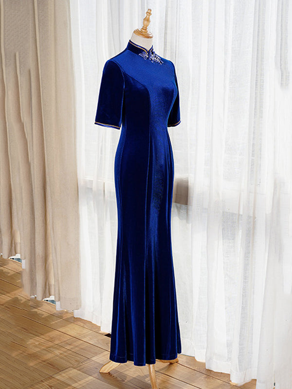 Original Applique Pleuche Stand Collar Half Sleeves Long Cheongsams