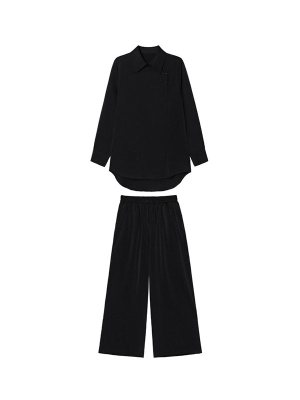 Buttoned Solid Color Long Sleeves Lapel Shirts Top + Elasticity High Waisted Pants Bottom Two Pieces Set