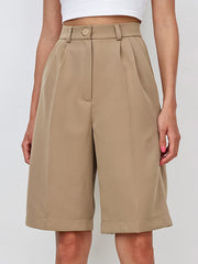 Pleated Solid Color Split-Joint High Waisted Loose Shorts Bottoms Half Pants