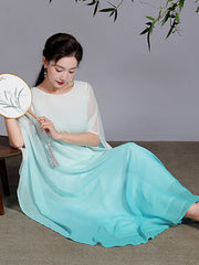 Artistic Retro Half Sleeves Loose Gradient Round-Neck Maxi Dresses