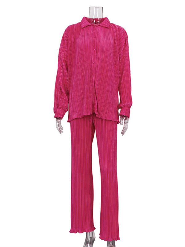 Loose Solid Color Pleated Blouse&Wide Legs Pants 2 Pieces Set