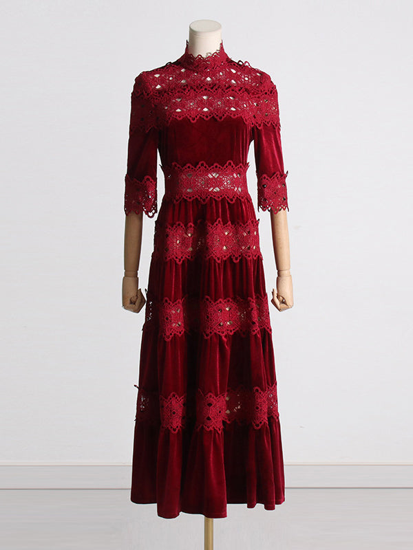 Embroidered Hollow Solid Color Split-Joint Half Sleeves High Waisted High Neck Maxi Dresses