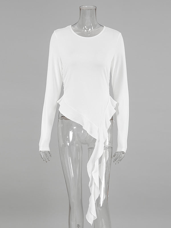 Pleated Solid Color Long Sleeves Skinny Round-Neck T-Shirts Tops