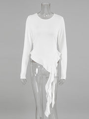 Pleated Solid Color Long Sleeves Skinny Round-Neck T-Shirts Tops