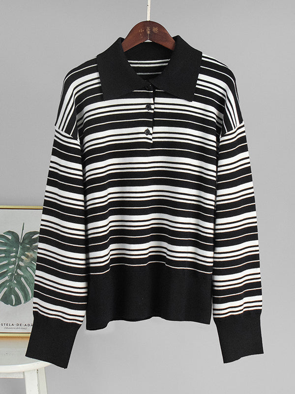 Split-Joint Striped Long Sleeves Lapel Sweater Tops