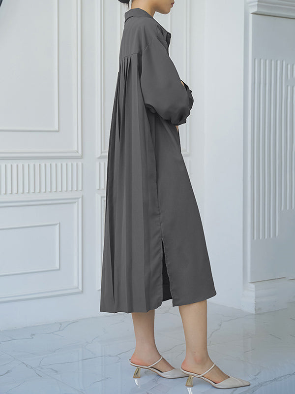 Buttoned Split-side Loose Three-quarter Sleeves Lapel Shirt Dress Midi Dresses