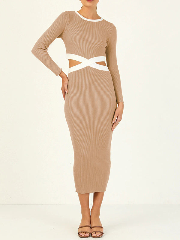 Hollow High Waisted Long Sleeves Round-Neck Midi Dresses