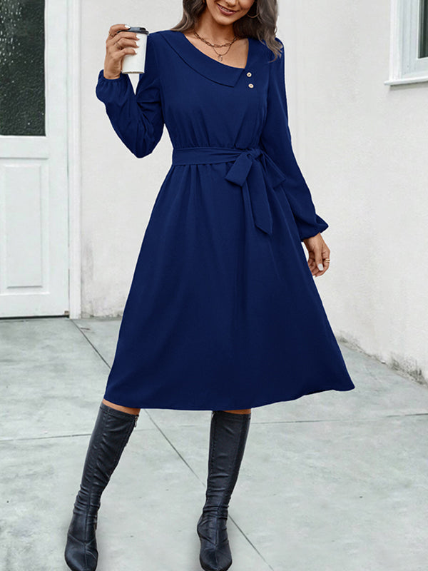 Buttoned Solid Color Tied Waist A-Line Long Sleeves Asymmetric Collar Midi Dresses